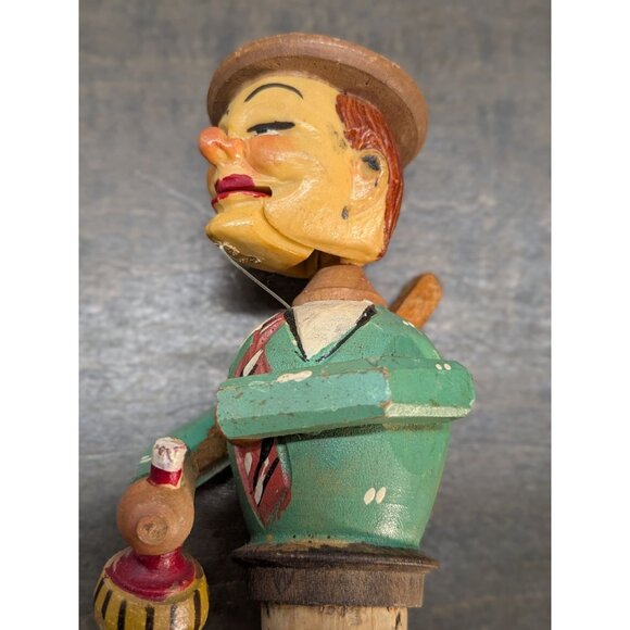 Vintage Hand-Carved Mechanical Cork Bottle Stopper Man Drinking Wine - Picture 3 of 15